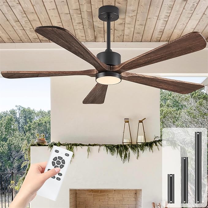 Ceiling Fans with Lights, 60 inch Outdoor Ceiling Fans with Lights for Patio and Remote Control, Modern Ceiling Fan with Light, 5 Solid Wood Blades 6-Speed Reversible DC Motor (Dark Brown)