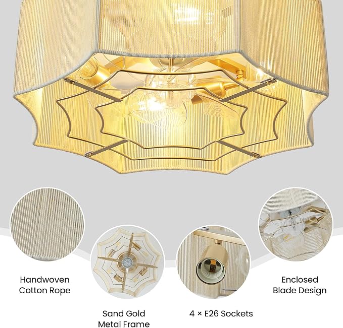 Boho Ceiling Fan with Light, 20'' Flush Mount Caged Ceiling Fan with Light Remote Control, Cotton Rope Low Profile Fandelier with 6 Speeds for Bedroom, Living Room