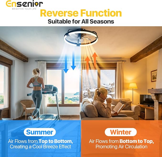 Ensenior Ceiling Fans with Lights and Remote, 20'' Low Profile Ceiling Fan Flush Mount, APP Control, 6 Speed, 3CCT, Quiet Reversible DC Motor, Dimmable Modern Ceiling Fan with Light for Bedroom, Black