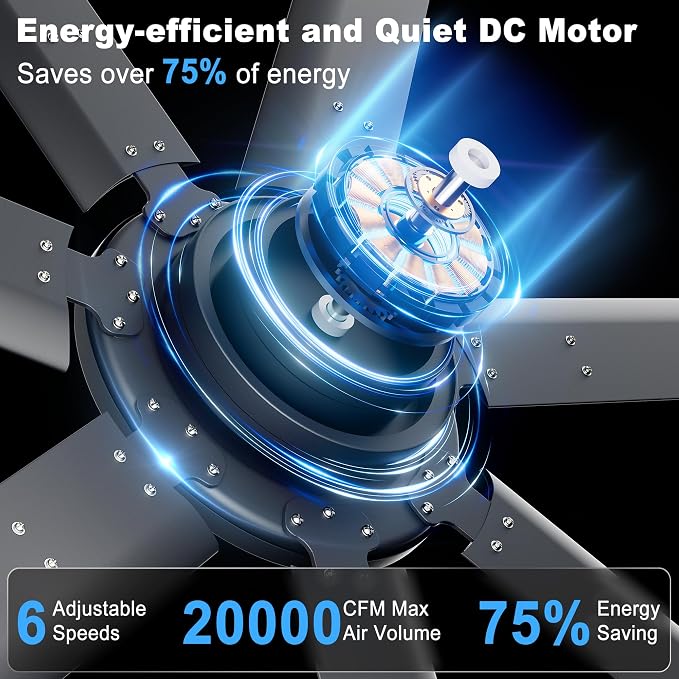 Ohniyou 108'' Ceiling Fan No Light, Black Industrial Ceiling Fan with Remote/APP, 7 Aluminum Blades, 20000 CFM DC Motor for Gym, Warehouse, Garage, Shop