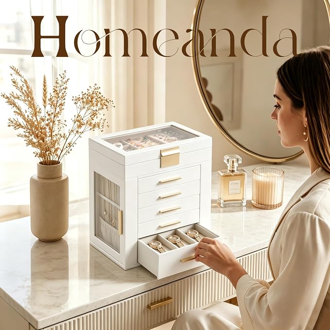 Homeanda 6-Layer Jewelry Boxes for Women, Large PU Leather Storage Organizer with 5 Drawers Glass Lid Case for Rings Necklaces Earrings Bracelets Watches, Gift for Wife and Girls (White)