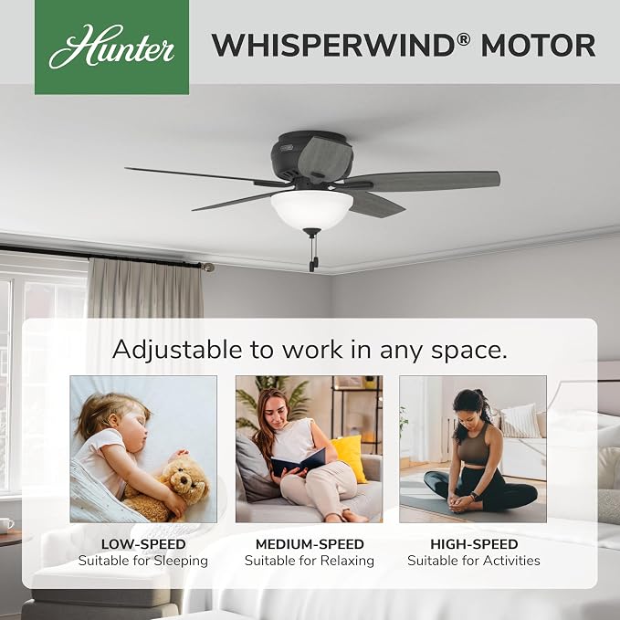 Hunter 52 inch Indoor Ceiling Fan with LED Light - Black Ceiling Fan with Pull Chain, For Bedroom or Living Room, Low Profile Flush Mount, 5 Blades, Includes Bulbs - Newsome 52396, Matte Black | Low Profile Flush Mount, Pull Chain, 5 Blades, For Bedroo...