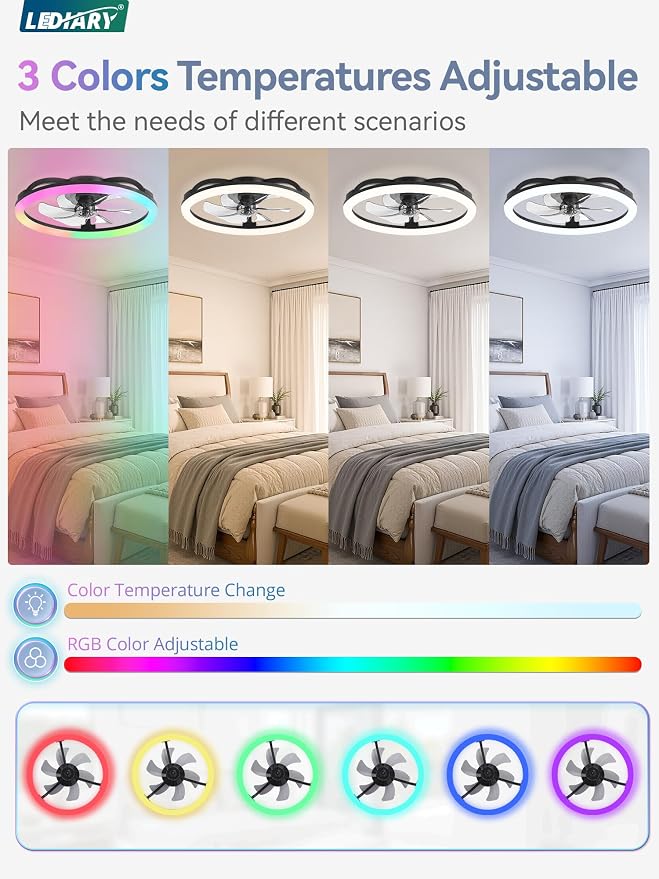 LEDIARY RGB 23" Ceiling Fans with Lights and Remote for Bedroom, Black | Low Profile Flush Mount Fan Light, Dimmable Modern Ceiling Fan(3000K-6000K), 6 Speed, Reversible, APP & Remote Control