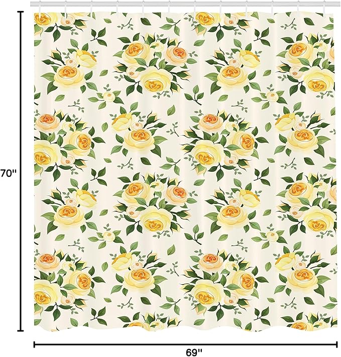 Ambesonne Rose Shower Curtain, Roses Hybrid Flora Park Summer European Old Fashioned Antique Design Pattern, Cloth Fabric Bathroom Decor Set with Hooks, 69" W x 70" L, Yellow Green Beige