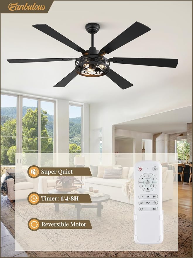 Fanbulous 65 Inch Ceiling Fan with Lights, Farmhouse Caged Ceiling Fans with Remote, Black Industrial Ceiling Fans with Quiet Reversible DC Motor, Large Ceiling Fan for Living room, Bedroom