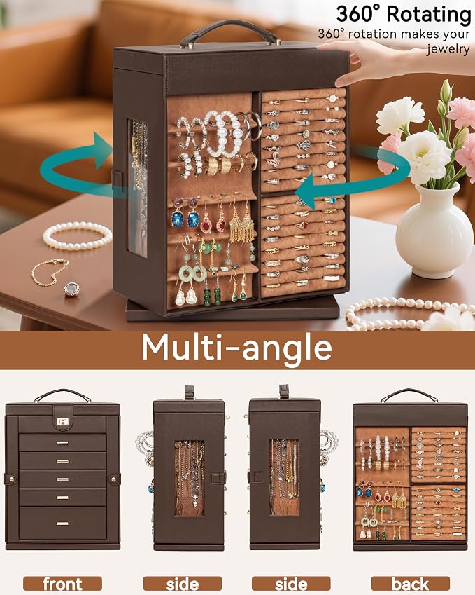 AKOZLIN 6-Tier Jewelry Box Organizer Functional 5 Drawers Leather Jewelry Storage Case for Women Girls Ring Necklace Earring Bracelet Holder Organizer with Mirror XL Brown 360° Rotating