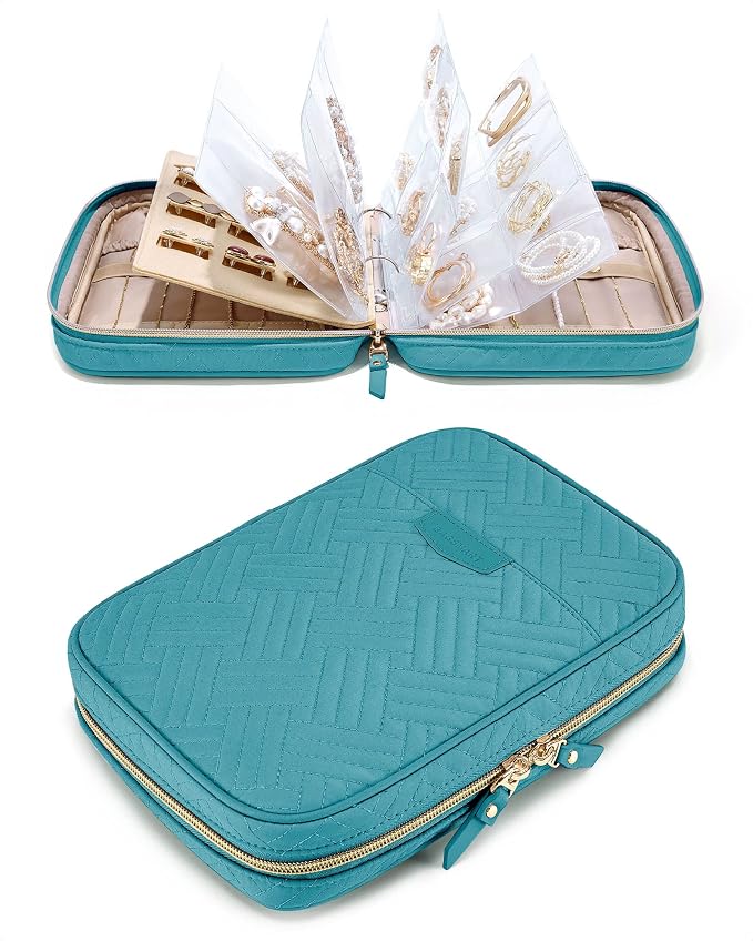 BAGSMART Jewelry Travel Organizer Case Ring Binder Storage Rolls, Teal | For Home Jewelry Storage, Ring Binder Clear Bags, Zipper Rolls Pouch, For Necklaces, Earrings, Rings, Bracelets
