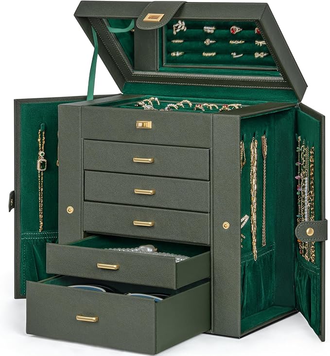 AKOZLIN 6-Tier Jewelry Box Organizer Functional 5 Drawers Leather Jewelry Storage Case for Women Girls Ring Necklace Earring Bracelet Holder Organizer with Mirror Extra Large Darkgreen