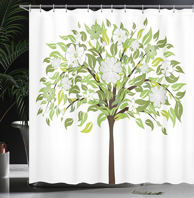 Ambesonne Nature Shower Curtain, Summer Tree with Flourishing Flowers Spring Blossoms Seasonal Print, Cloth Fabric Bathroom Decor Set with Hooks, 69" W x 70" L, Green Brown White
