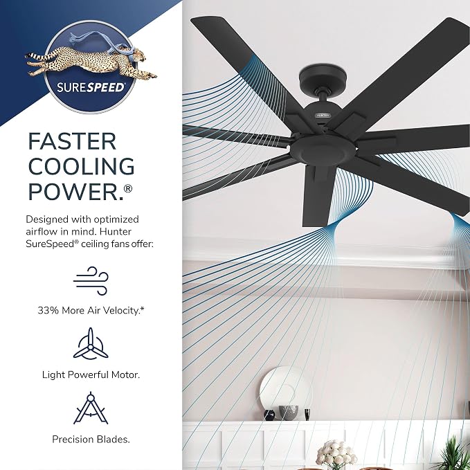 Hunter Downtown, Outdoor or Indoor, Ceiling Fan, 60 inch, Matte Silver | No Light, Standard Mount, Wall Control, Quiet, 7 Blades, For Patio, Porch, Garage, 51589