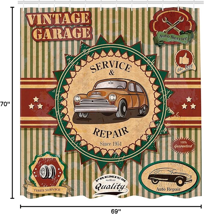 Ambesonne Retro Shower Curtain, Composition of Vintage Retro Car Emblem in Faint Color Sixties Dated Irony Art, Cloth Fabric Bathroom Decor Set with Hooks, 69" W x 70" L, Green Red Cream