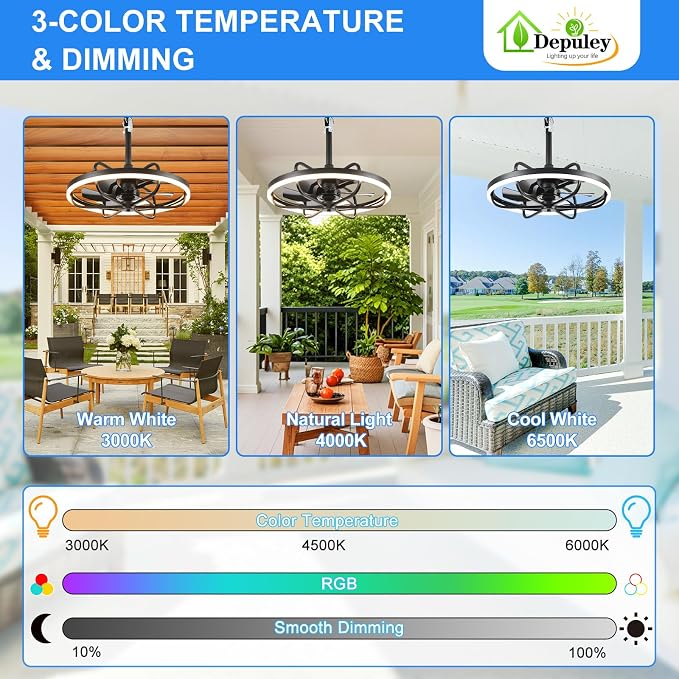 Depuley 20" Outdoor Ceiling Fan with Light: RGB Waterproof Gazebo Hanging Fan with Remote App Control - Dimmable Plug in Caged outdoor Ceiling Fans for patios Porch 6 Speeds