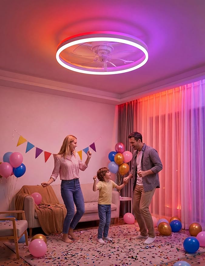 NIORSUN RGB Ceiling Fans with Lights and Remote, Modern Smart LED Ceiling Fans Light, 6 Speeds & 3000K-6500K Dimmable, Quiet Bladeless Fandelier Ceiling Fan with Light for Bedroom (24Inch,White)