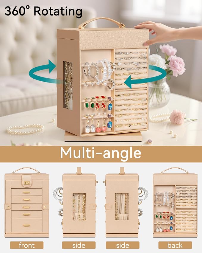AKOZLIN 6-Tier Jewelry Box Organizer Functional 5 Drawers Leather Jewelry Storage Case for Women Girls Ring Necklace Earring Bracelet Holder Organizer with Mirror Champagne S-Medium