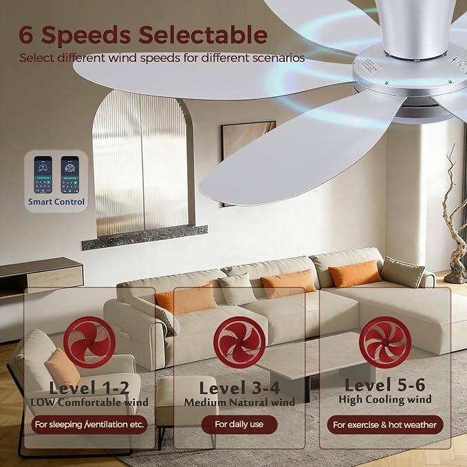 GJeg Ceiling Fans with Lights,42" Low Profile Ceiling Fan with Light and Remote Control,Flush Mount, Reversible, Dimmable, Noiseless, Silver Ceiling Fan for Bedroom