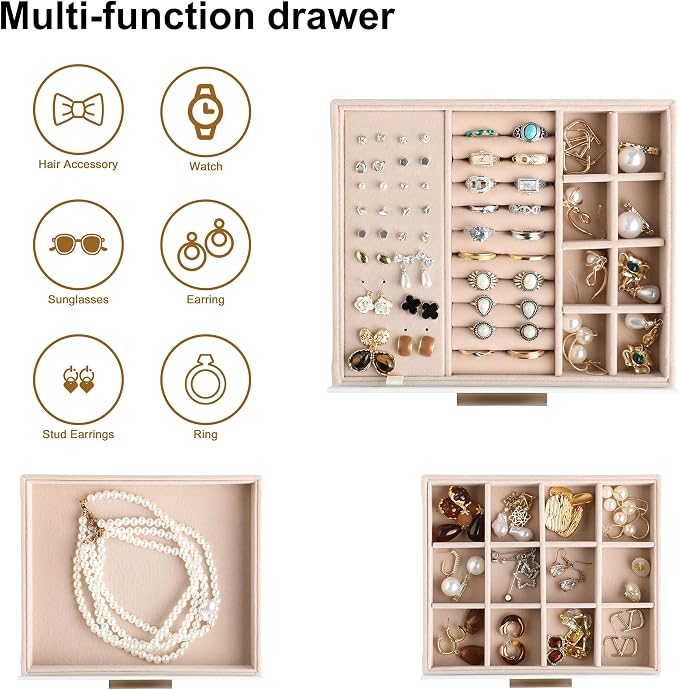 Frebeauty Jewelry Box for Women,Clear Lid Jewelry Organizer with 3 Drawers | Faux Leather,Velvet Lining,3 Layers,Jewelry Storage for Ring Earring Stud,Dustproof Design,Gift Choice,Golden Stylish Handle