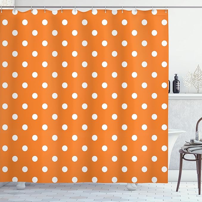 Ambesonne Burnt Orange Shower Curtain, Vintage Old Polka Style Dotted Graphic Design in Retro Old Fashioned Image, Cloth Fabric Bathroom Decor Set with Hooks, 69" W x 70" L, White Orange