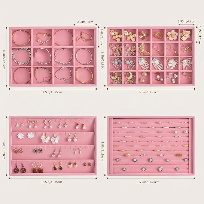 Frebeauty Jewelry Trays for Drawer,Set of 4 Jewelry Organizer and Storage | Velvet Material,Stackable,Adjustable Dividers,Drawer Inserts for Rings Studs Bracelet,Earring Organizer for Women Girls