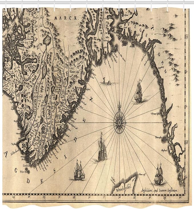 Ambesonne World Map Shower Curtain, Map of Southern Part of The Norway Vikings World Old Scandinavian Land, Cloth Fabric Bathroom Decor Set with Hooks, 69" W x 75" L, Cream Grey