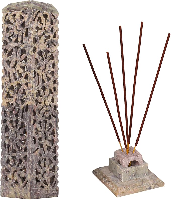Handmade Stone Incense Stick Holder | Unique King Size Long Tower Burner | Camphore - Tealight - Dhoop Batti - Candles Holder for Yoga, Meditation and Home Decor. (Floral)