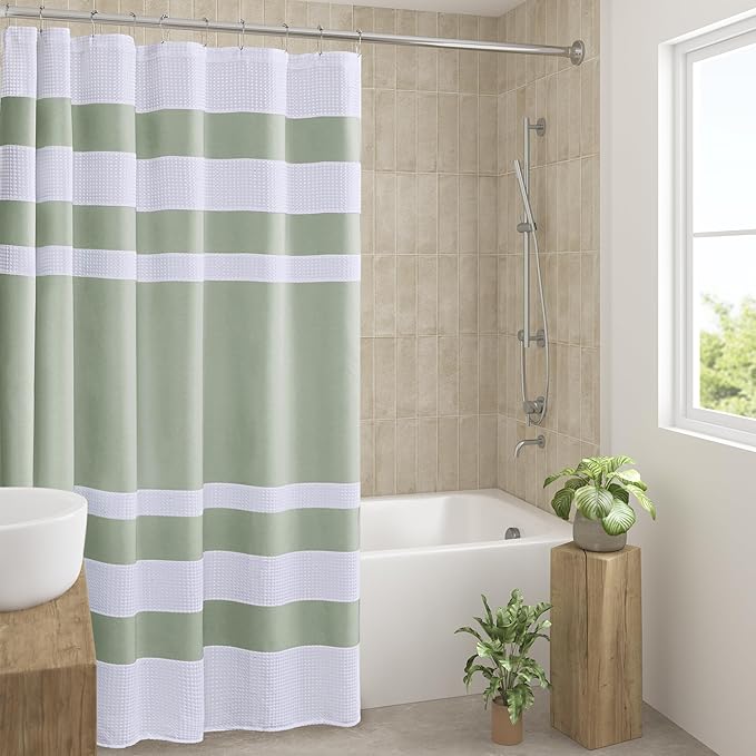 Madison Park Shower Curtain Spa Waffle Weave Wide Shower Curtain for Bathroom 3M Scotchgard Moisture Management, Spa Quality Modern Shower Curtains for Bathroom, Extra Wide 108"x72" Sage Green