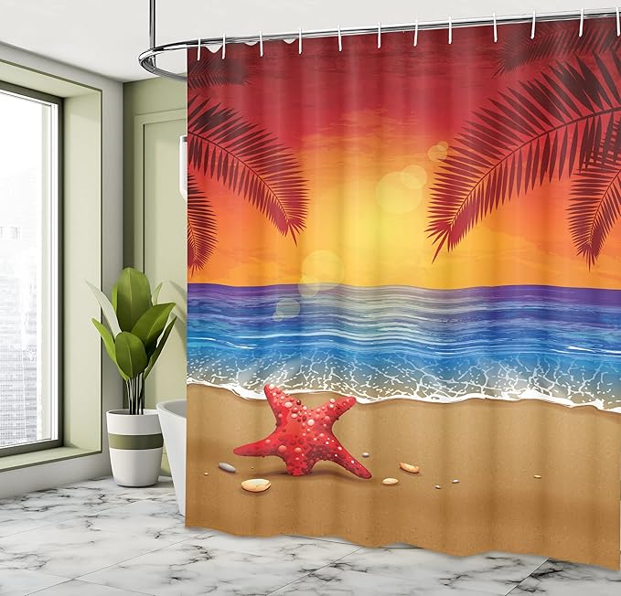 Ambesonne Tropical Shower Curtain, Sunset Cartoon Illustration Beach Summer Starfish Palm Tree Ocean Fantasy Art, Cloth Fabric Bathroom Decor Set with Hooks, 69" W x 70" L, Red Yellow Blue
