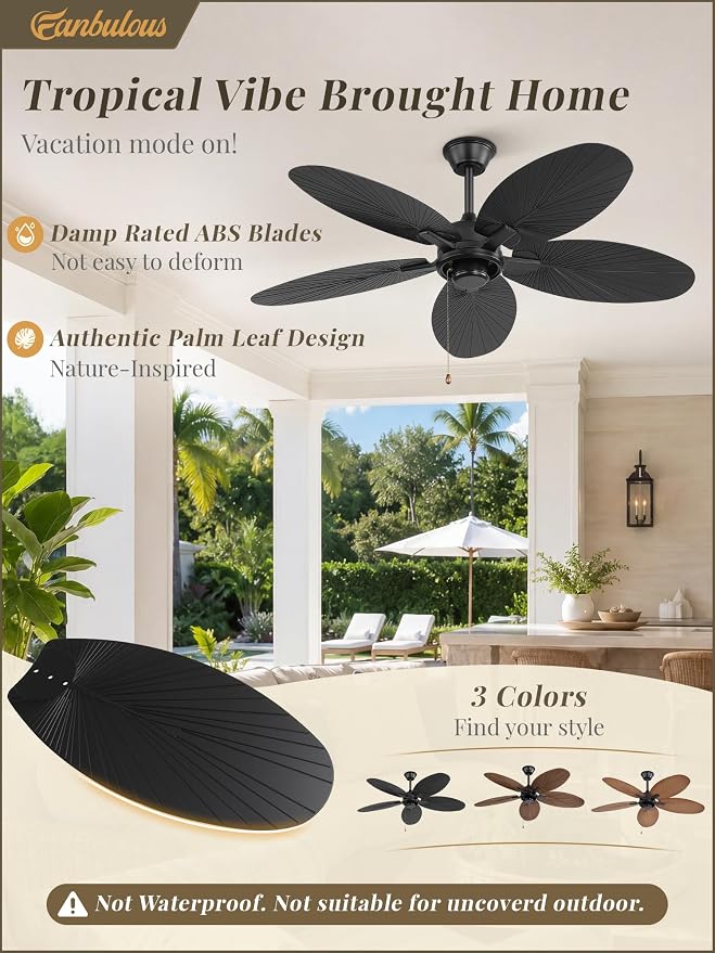 Fanbulous 52 Inch Ceiling Fan No Light, Remote & Pull Chain Tropical Fan With 6 Speeds, 3 Timers, DC Quiet Motor, 5 Palm Blade for Bedroom Living Room Covered Outdoor Patio Porch, Damp Rated, Black