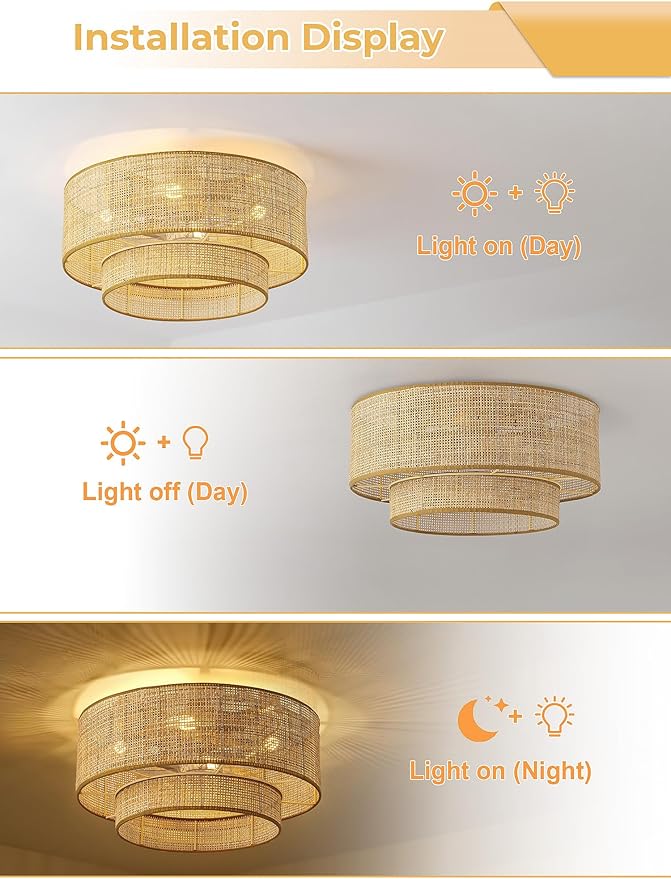 Boho Caged Ceiling Fans with Lights,Rattan Fandelier Ceiling Fans with Lights and Remote Control, Coastal Enclosed Flush Mount with Reversible 6 Speeds for Bedroom Dining Room Kitchen