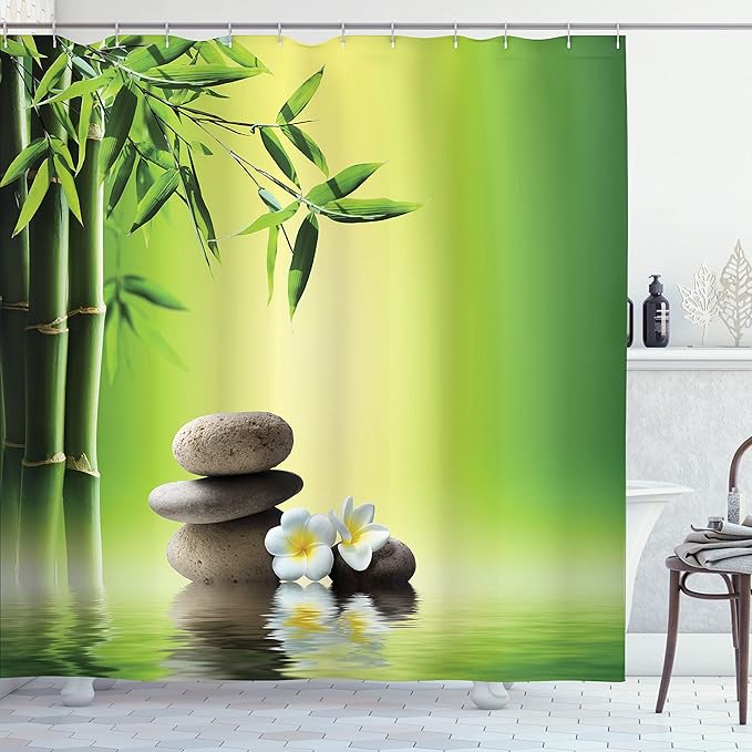 Ambesonne Spa Themed Shower Curtain, Far Eastern Vibes Stones Frangipani Flowers Tree and Water Themed Photo, Cloth Fabric Bathroom Decor Set with Hooks, 69" W x 84" L, Yellow Green