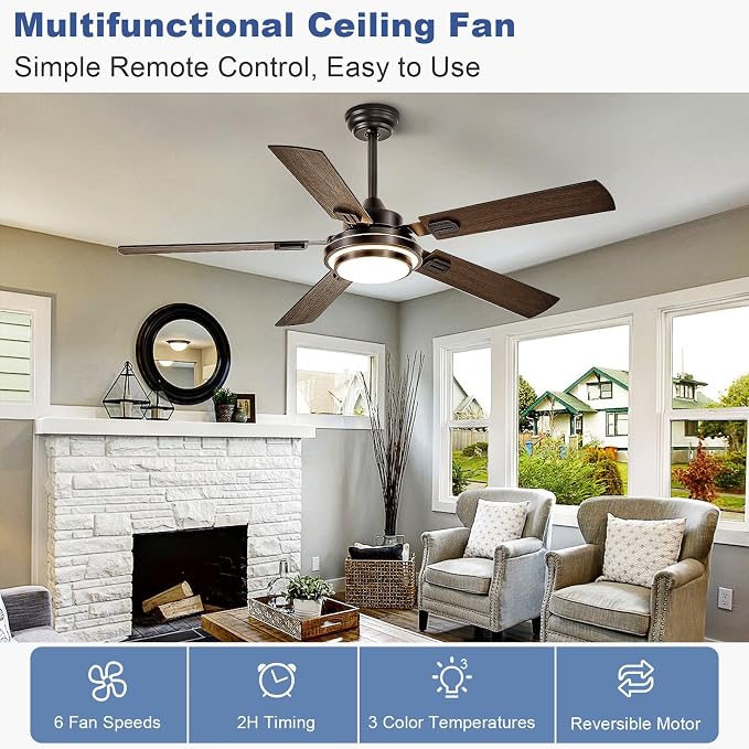 Depuley 52-Inch Ceiling Fan with Light: Walnut Ceiling Fans with 5 Blades Dual Finish Reversible - Farmhouse Ceiling Fan with Remote Control Noiseless for Living Room Outdoor Patios