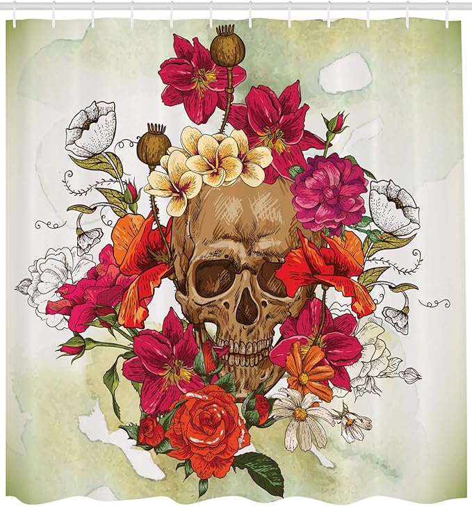 Ambesonne Skull Shower Curtain, Skull and Flowers Day of The Dead Buds Leaves Daisies Camellias Festival Art, Cloth Fabric Bathroom Decor Set with Hooks, 69" W x 84" L, Fuchsia Beige