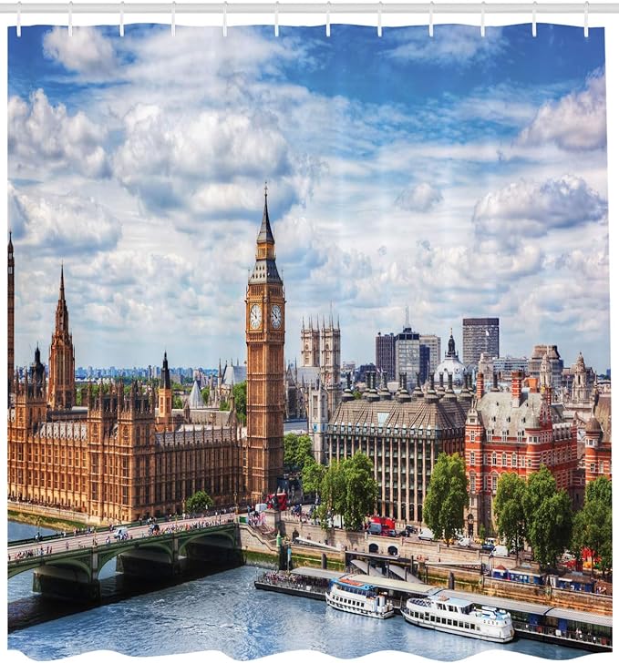 Ambesonne London Shower Curtain, Extensive Cityscape with Big Ben Westminster Bridge on River Thames and Clouds Image, Cloth Fabric Bathroom Decor Set with Hooks, 69" W x 70" L, White Green