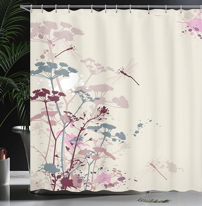 Ambesonne Dragonfly Shower Curtain, Plants Petals with Dragonfly Soft Color Design with Grunge Effects Vintage Style, Cloth Fabric Bathroom Decor Set with Hooks, 69" W x 70" L, Grey Yellow