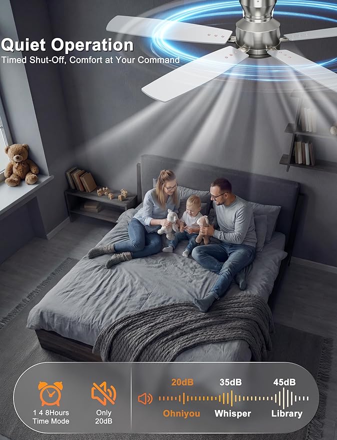 Ohniyou 52 Inch Ceiling Fan No Light, Low Profile Ceiling Fan with Remote and App Control, Flush Mount Ceiling Fan without Light for Bedroom Living Room Covered Patios, Quiet DC Motor, Silver