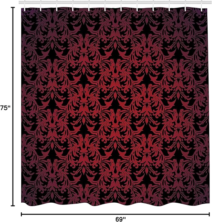 Ambesonne Victorian Shower Curtain, Antique EuropeDesign Floral Swirls and Leaves Ombre Image, Cloth Fabric Bathroom Decor Set with Hooks, 69" W x 75" L, Burgundy Vermilion