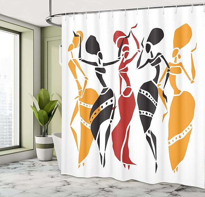 Ambesonne African Shower Curtain, Lady Dancers Body Silhouettes Motion Pose Exotic Characters Theme, Cloth Fabric Bathroom Decor Set with Hooks, 69" W x 70" L, Mustard White