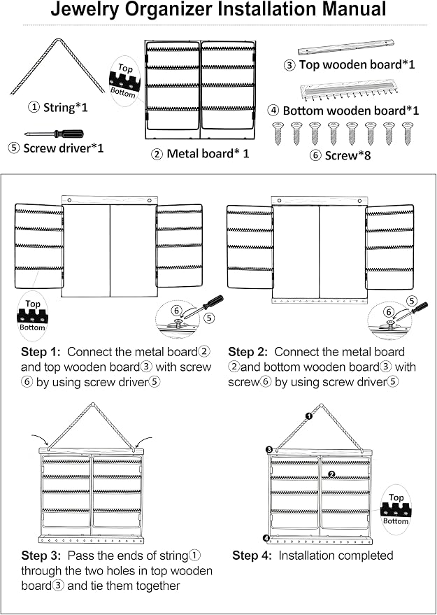 Hanging Jewelry Organizer 4-Tier Wall Earring Holder for Necklaces, Rings | Natural wood & solid metal wall jewelry rack , Dual earring grid slots & bottom hooks store earrings, bracelets