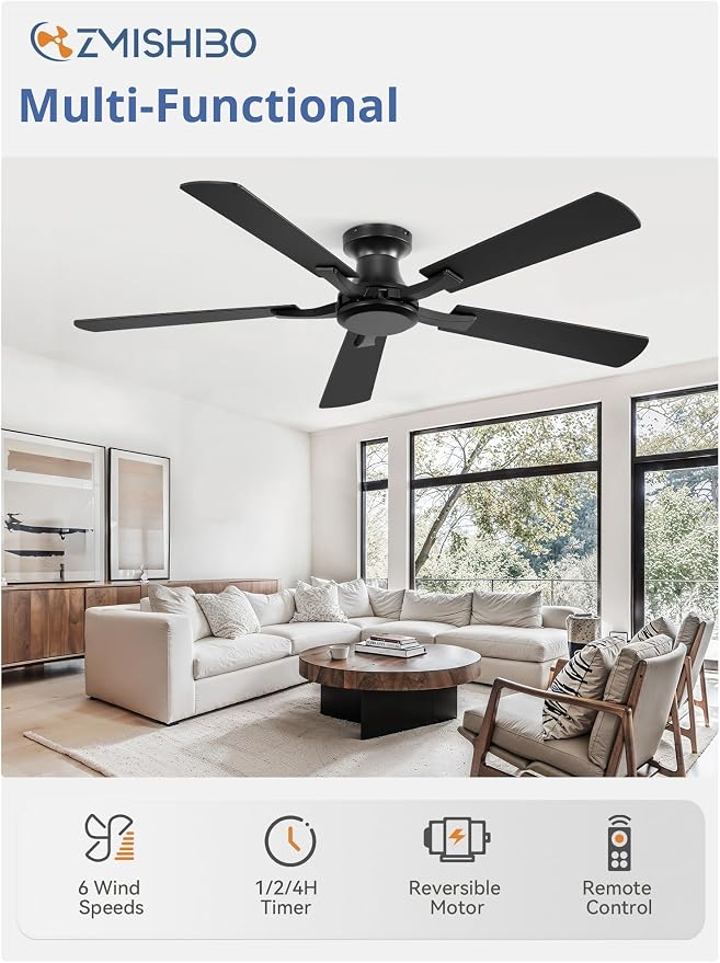 ZMISHIBO 52 Inch Ceiling Fan No Light, Flush Mount Low Profile, Modern Black Ceiling Fan Without Light, Remote Control & Quiet DC Motor, for Indoor&Outdoor, Bedroom, Living Room