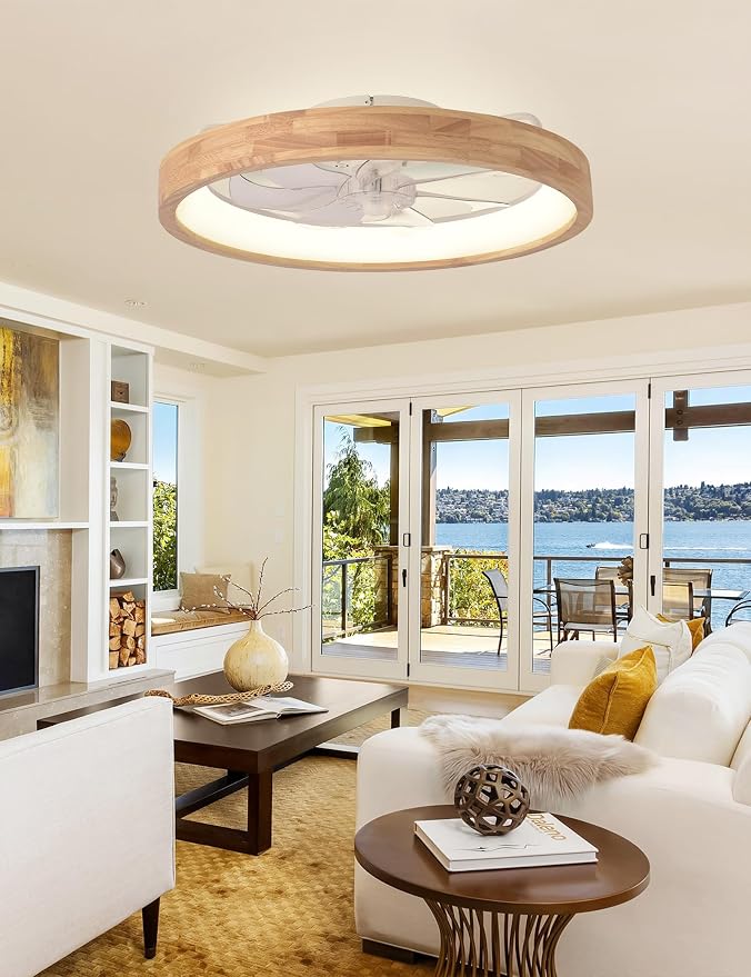 24'' Ceiling Fan with Light Fandelier Flush Mount Low Profile Wood Ceiling Fan with Dimmable LED Light 3 Color 6 Speeds