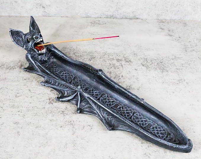 Ebros Gift Gothic Gargoyle Cathedric Bat Vampire Incense Stick Holder with Celtic Knotwork Figurine Halloween Macabre Halloween Metaphysical Accent