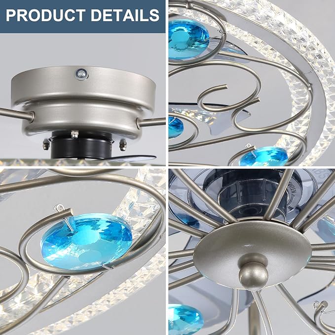 Low Profile Ceiling Fan with Lights 20" Remote Bladeless Ceiling Fan Boho Vintage Flush Mount Ceiling Fans with Light 3 Color Smart LED Dimmable,Handmade Antique Vintage Blue Crystal