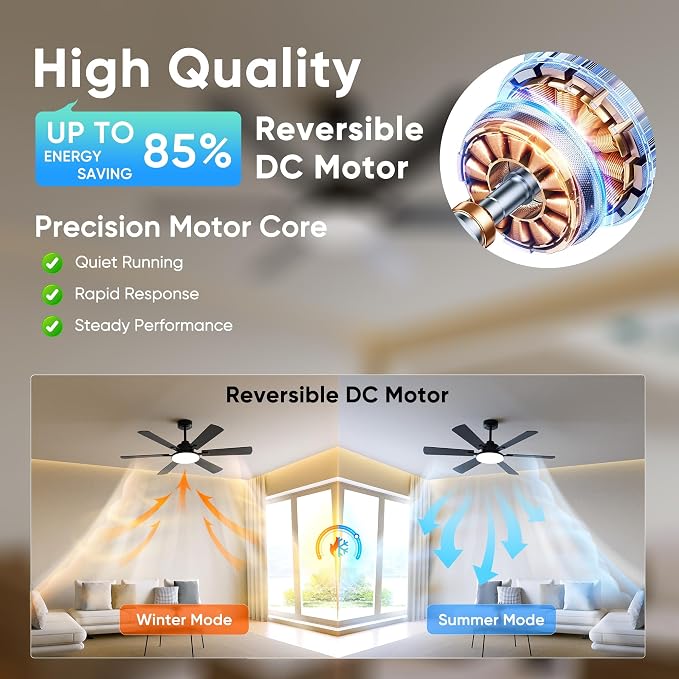 52 Inch Ceiling Fans with Lights, 6 Double Sided Blades, Ultra Quiet Reversible DC Motor, Remote & APP Control, 6 Speeds, 3CCT Dimmable LED with Memory Function, Downrod Mount for Living Room, Black
