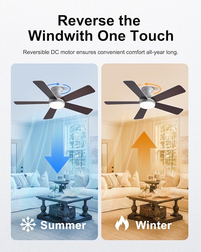 42 Inch Ceiling Fans with Lights, Smart Ceiling Fan with Alexa, Silver Ceiling Fan with RGB Lights Remote, 6 Speeds Reversible DC Motor, Modern Flush Mount for Bedroom Living Room