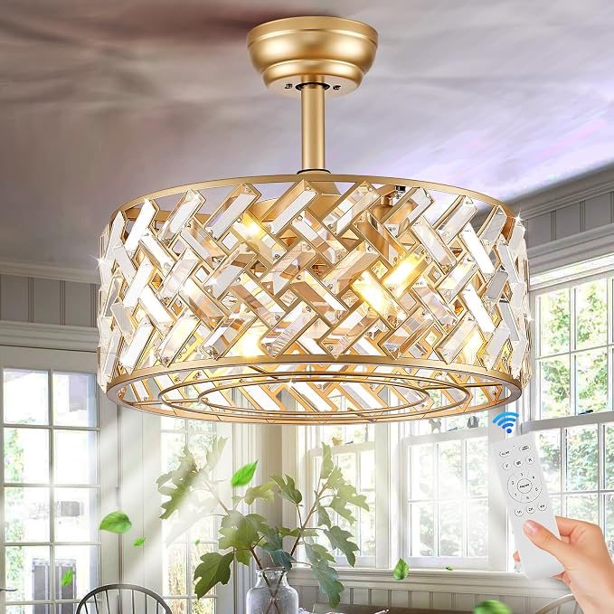 CATINER Gold Crystal Caged Ceiling Fans with Light, 18" Bladeless Ceiling Fan with Remote Control, 6 Speed Enclosed Ceiling Fan with Reversible Motor for Bedroom Kitchen Living Room