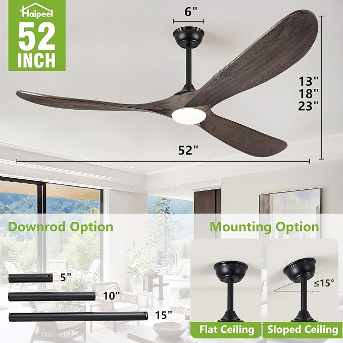 Haipeel 52 Inch Farmhouse Rustic Ceiling Fans with Lights, Dimmable Solid Wood Outdoor Ceiling Fan with Light and Remote Control 3 Blades Propeller Ceiling Fans for Patios Indoor Bedroom, Deep Brown