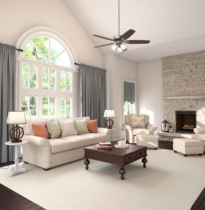 Hunter 52 inch Indoor Ceiling Fan with LED Lights - Ceiling Fan with Pull Chain, For Bedroom or Living Room, Standard Mount, No Remote, 5 Blades, Includes Bulbs - Builder Plus 53237, Brushed Nickel | with LED Lights, Standard Mount, Pull Chain, For Bed...