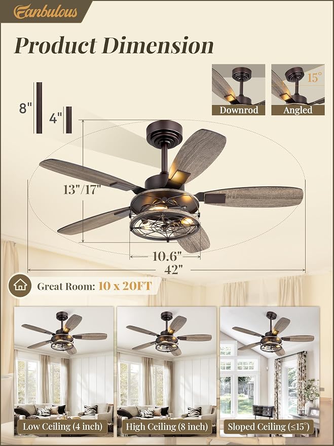 Fanbulous Farmhouse Ceiling Fan with Light and Remote, Industrial Caged Flush Mount Ceiling Fans with 6 Speed Reversible Motor and Dual Finish 5 Blades, for Living room, Bedroom (Oil Bronze, 42 Inch)