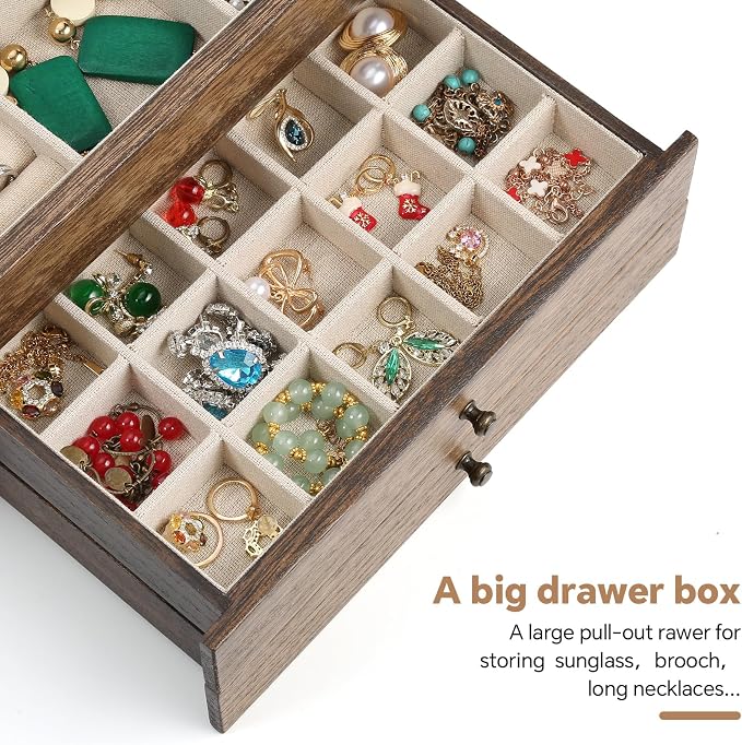 Meangood Jewelry Box Organizer for Women, 3 Layer Large Jewelry Storage Case, Rustic Wooden Jewelry Box with Mirror & Ring Tray for Necklace Earring Bracelets Rings, Vintage Style (Walnut)