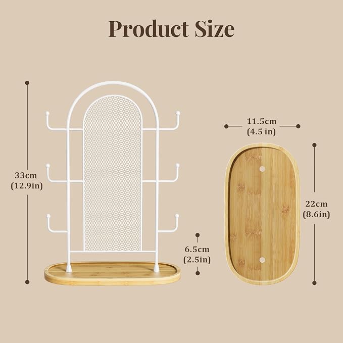 bussdis Jewelry Holder Organizer Earring Display - Earring Storage Tree Stands Towers With 6 Hooks 300 Studs Wood Tray White Metal Rack