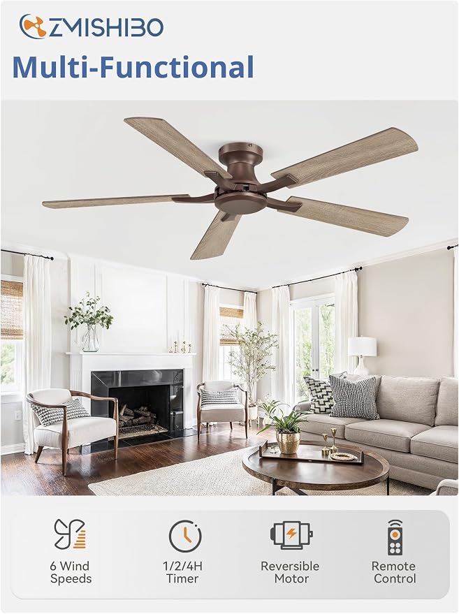 ZMISHIBO 52 Inch Ceiling Fan No Light, Flush Mount Low Profile, Farmhouse Brown Ceiling Fan Without Light, Remote Control & Quiet DC Motor, for Indoor&Outdoor, Bedroom, Living Room